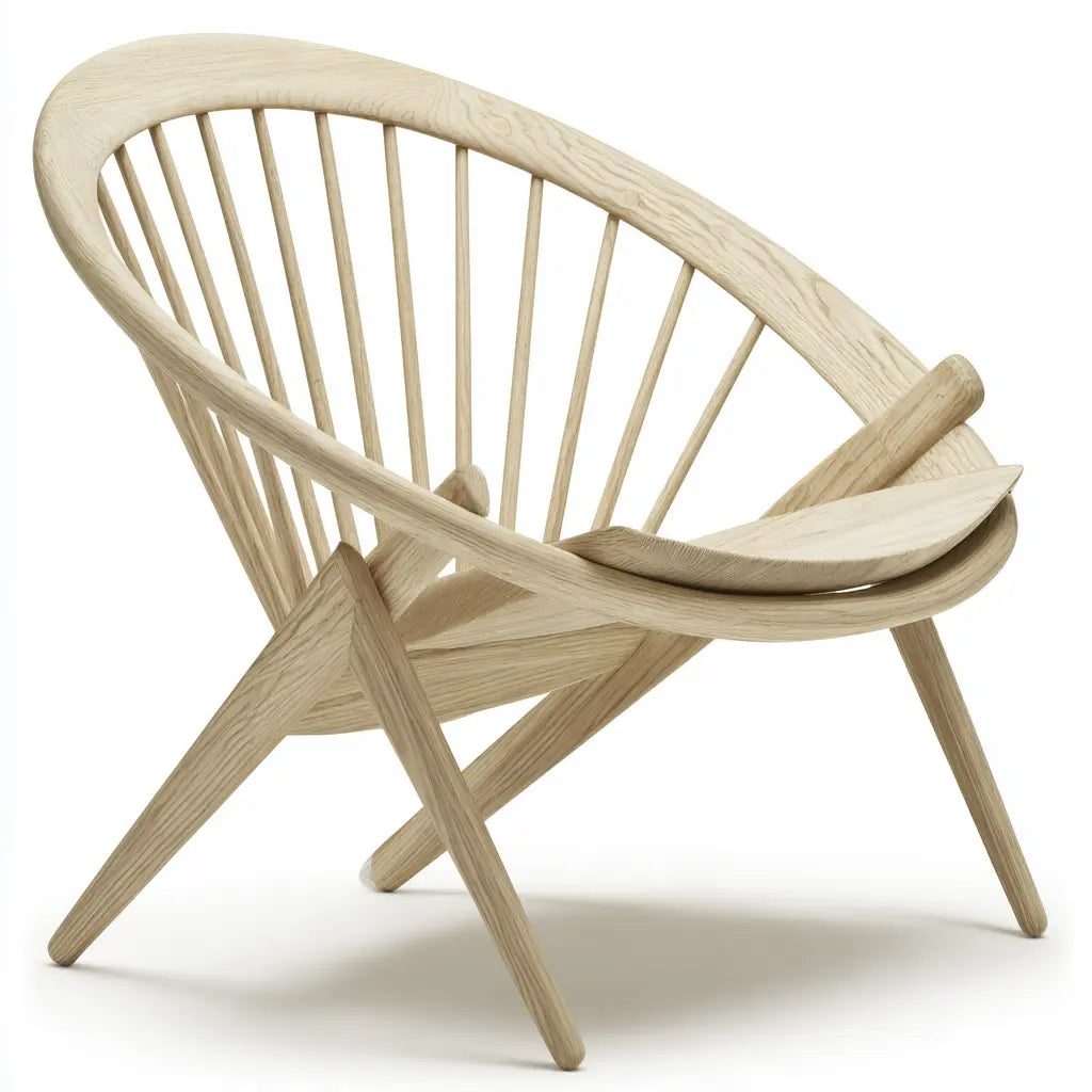 Fauteuil bas beige à dossier arrondi ajouré et pieds croisés