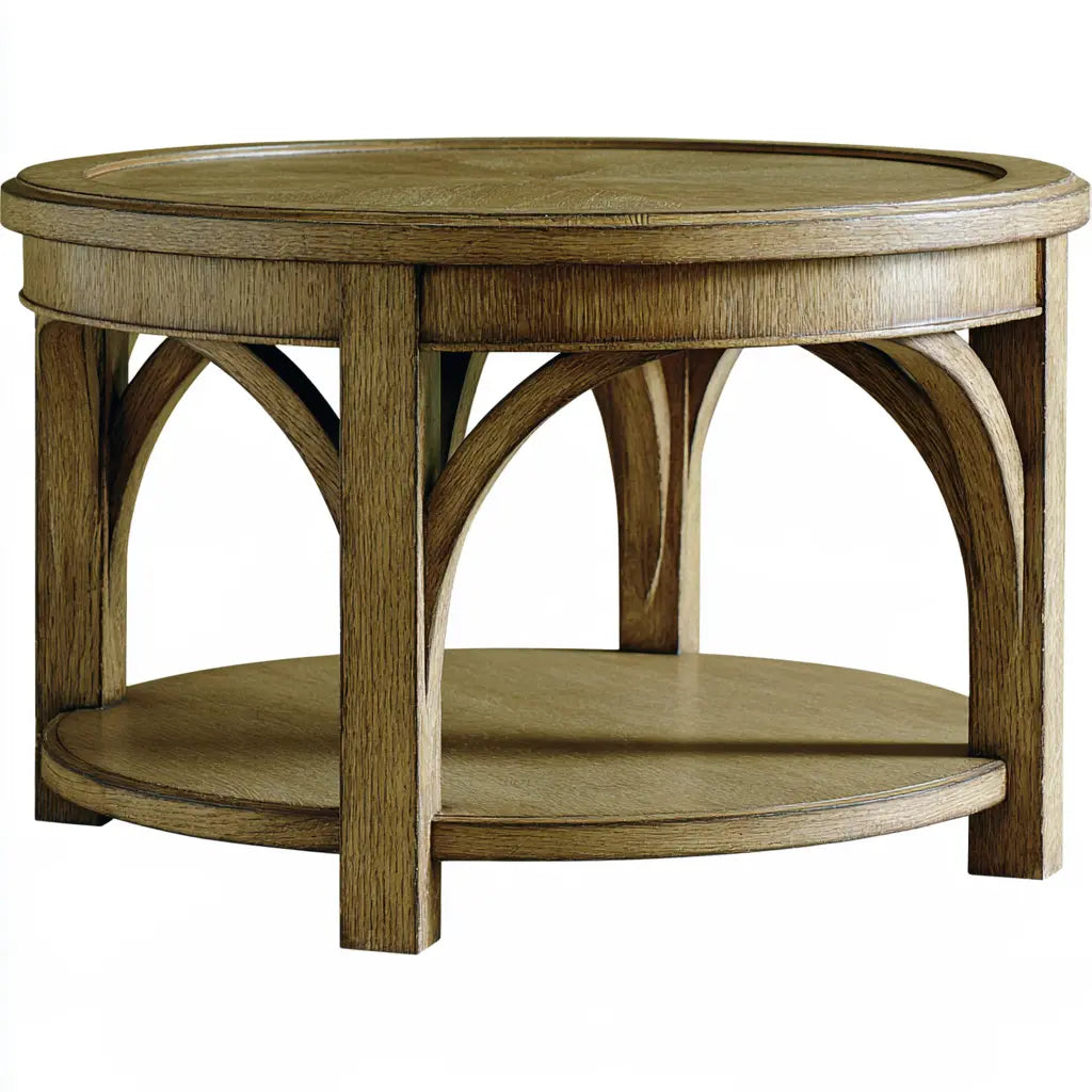 Table basse ronde marron à double plateau et pieds en arc