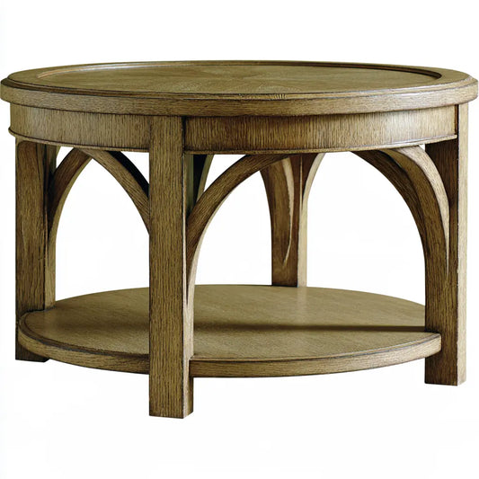 Table basse ronde marron à double plateau et pieds en arc