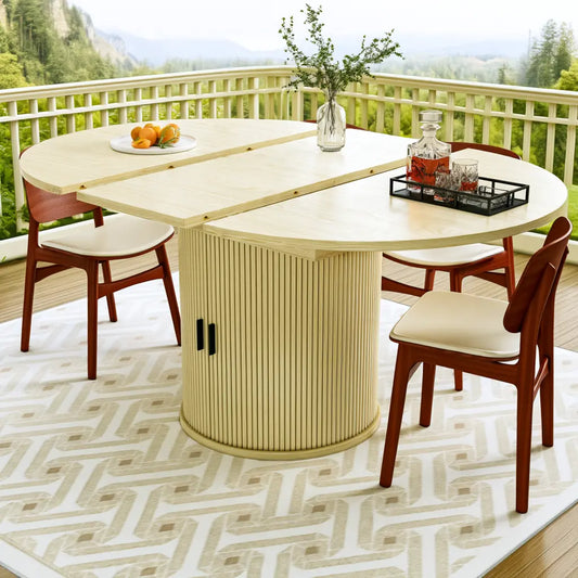Table de repas ovale jaune pâle à pied central cannelé