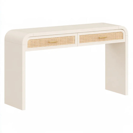 Console crème à deux tiroirs ajourés et angles arrondis