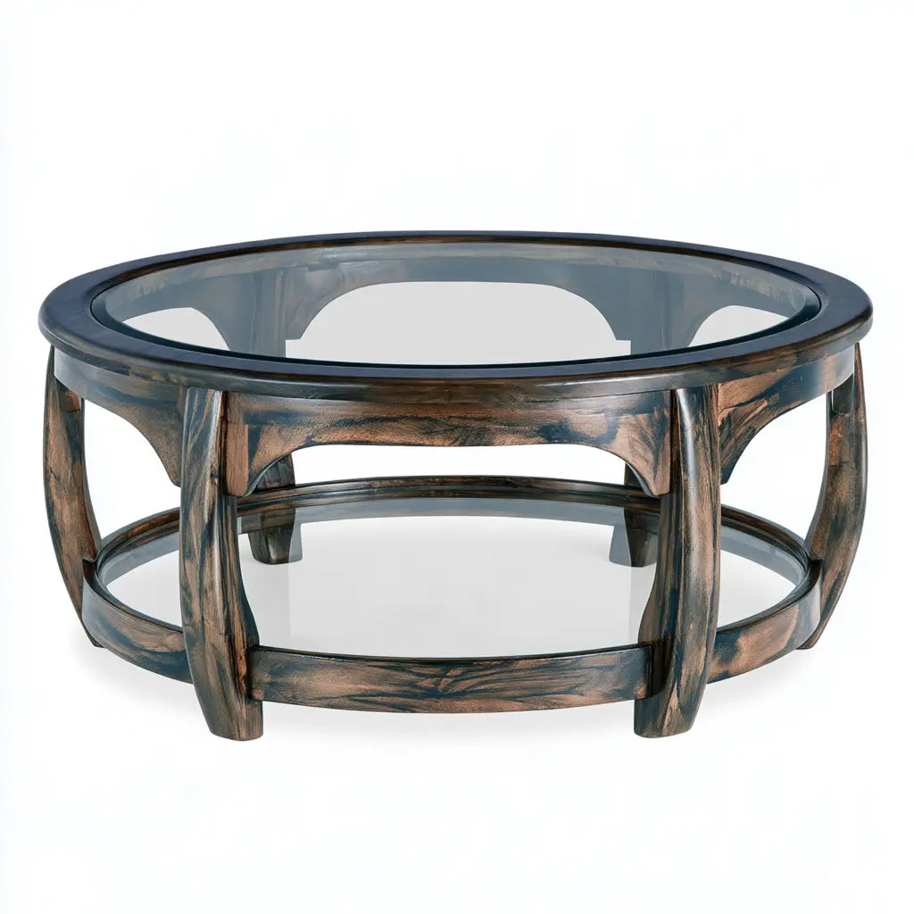 Table basse ronde marron grisé à plateau transparent et tablette basse