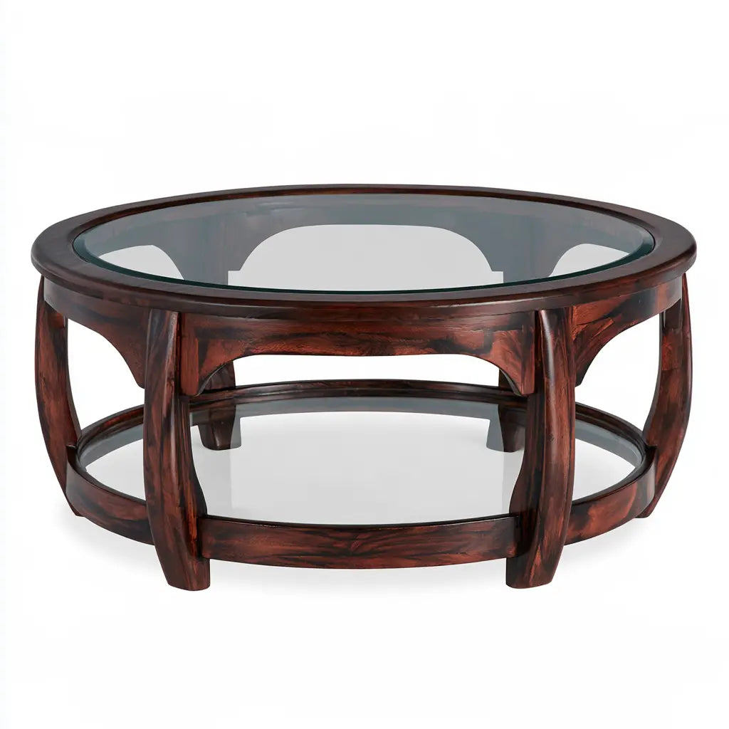 Table basse ronde marron foncé à plateau transparent et tablette basse