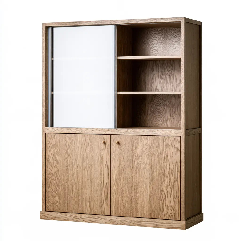 Bibliothèque marron à portes basses et rangement supérieur mixte